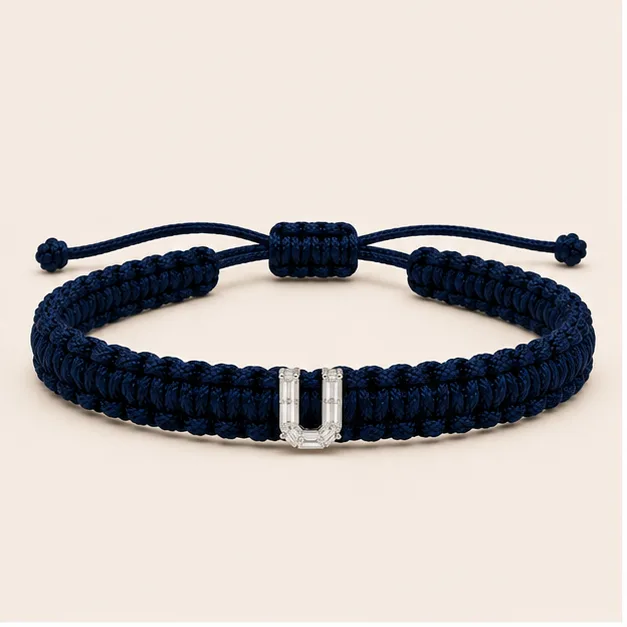 U-Cut Single Lab Grown Diamond in Navy Blue Thread Bracelet